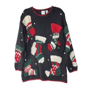 Vintage Pullover Sweater Size Medium Tunic Christmas Holiday Stockings Ugly